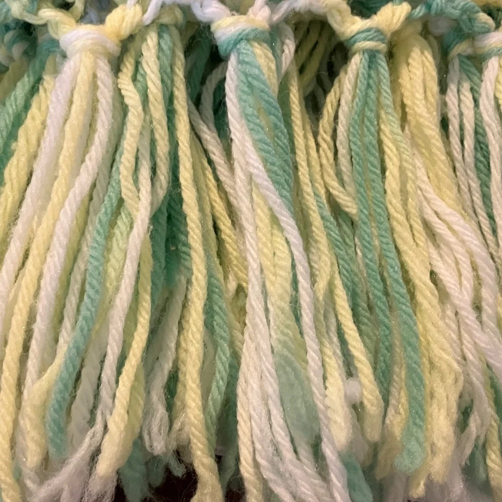 Handmade Vintage White, Green and Yellow Knitted Throw Blanket‎ 52”x72”